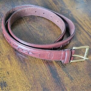 Fossil Brown Genuine Leather Belt Size 36 Brass Buckle Western Design 1" Wide